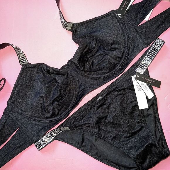 Victoria's Secret Other - Victoria's Secret UNLINED 36C/36B BIKINI L BOTTOM shine strap BLACK SILVER